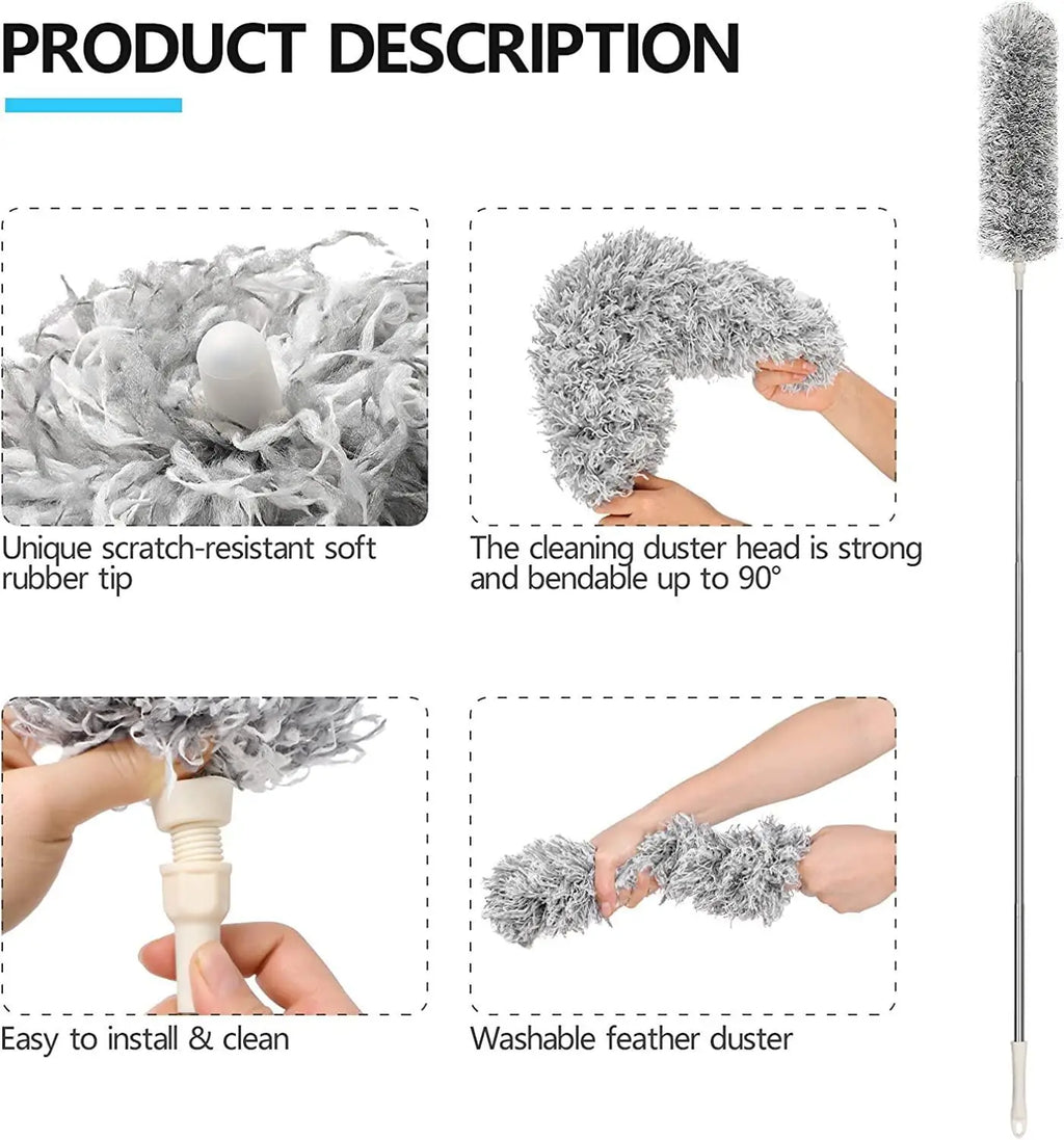 Microfiber Duster with Telescopic Extension Pole – Bendable Head, Scratch-Resistant for High Reach Cleaning