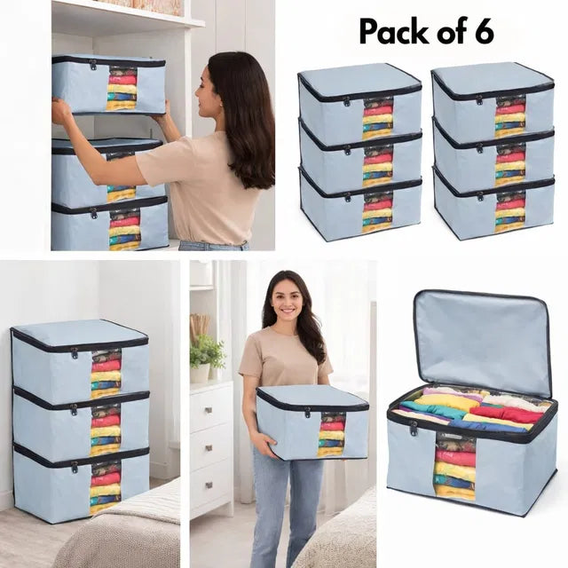 Saree & Clothes Storage Cover – Collapsible Fabric Wardrobe Organizer with Handles (Pack of 6)